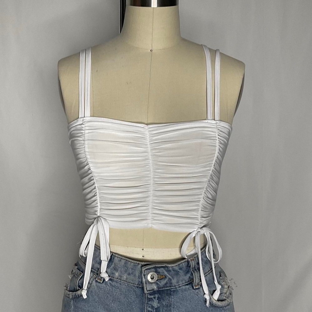 prettylittlething white slinky ruched detail double strap cropped top